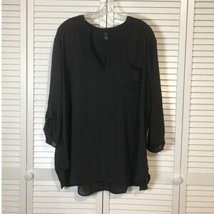 Rue+ Black Sheer V-Neck 3/4 Sleeve Length Top 3X
